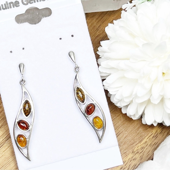 Solid Sterling Silver 925 Genuine Amber 3 Gemstone Earrings New - Picture 3 of 9